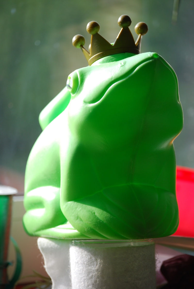 focus on foreground, watering can, still life, 4K, no people, frog prince, nature, toy, crown, indoors, sculpture, green, art and craft, prince, representation