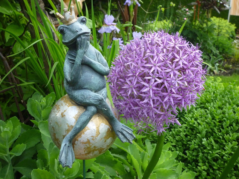 outdoors, art and craft, garden, ornamental onion, freshness, clay figure, frog, vulnerability, 4K, close-up, fragility, purple, fairy tale prince, human representation