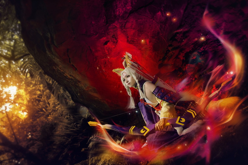 costume, arrows, hairstyle, light, fire, color, outfit, Asian, red, cosplay, blonde, pose, girl, ears, look, bright, stone, forest, lilac, style, braids