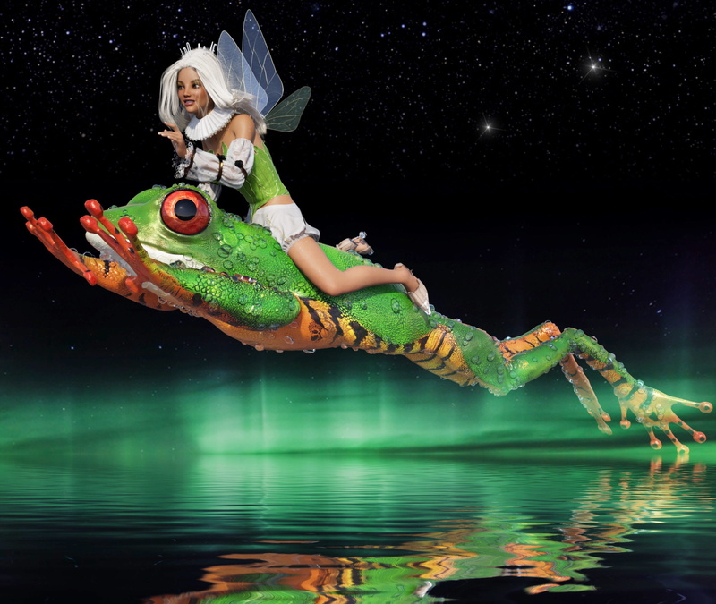 aquatic animal, night, real people, rainbow colors, water, frog, say gestalt, waterfront, mystical, reflection, beautiful, beauty, floating on water, digital composite