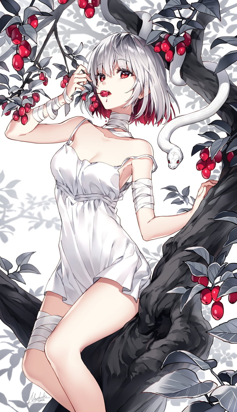 White Snake, anime girl sitting in tree, plants, trees, 720P, anime girls, artwork, bangs, red eyes, monochrome, short hair, multi-colored hair, anime girls eating