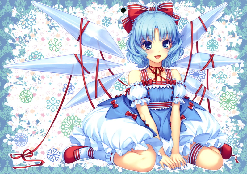 sayori, neko, anime, short, blue, sitting, ornaments, wings, shoulders, ribbons, dress, video, snowflakes, cirno, touhou, hair, fairies, socks, eyes, shading