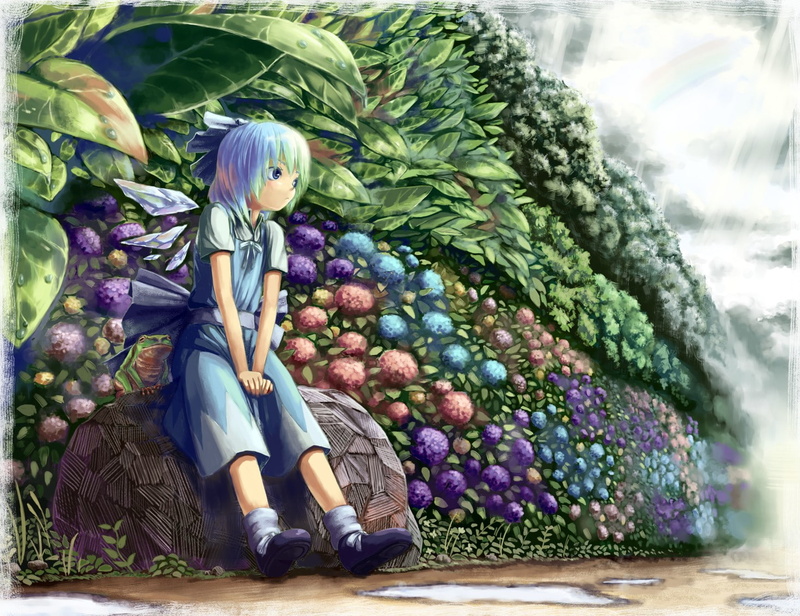 wings, ice, dress, bangs, girls, games, ornaments, cirno, fairies, socks, outdoors, plants, touhou, bows, anime, sitting, short, video, flowers, eyes, 720P