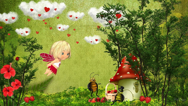 flowers, lady bug, strawberries, visiting, clouds with hearts, bugs, whimsical, 1080P, fairy, trees, 3d and abstract