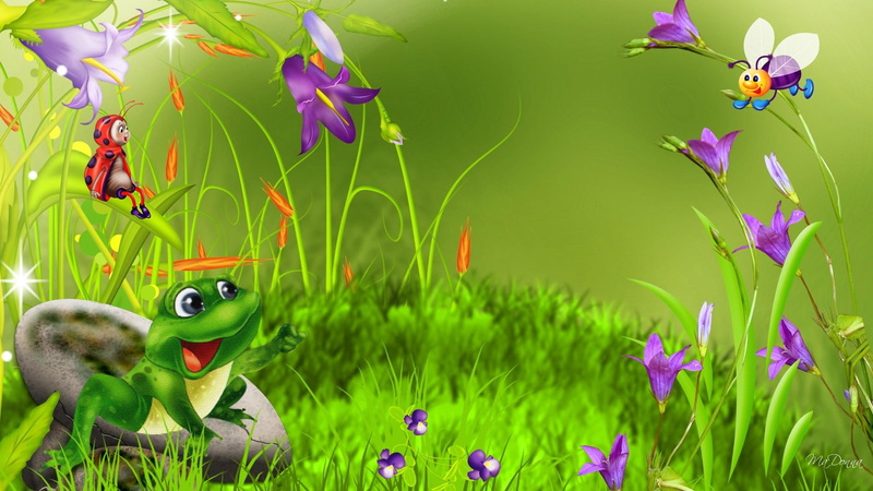firefox persona, grass, green, frog, spring, wunderl, flowers, 1080P, whimsical, cute, rock, wonderland, bugs