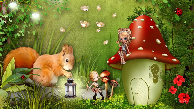 brings, trees, green, fairy tale, squirrel, lady bug, whimsical, pixies, grass, bees, fairies, light, forest, story book, 1080P