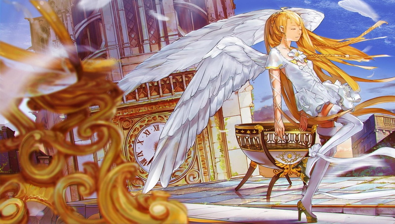 beauty, 1080P, angel, wings, harp, anime