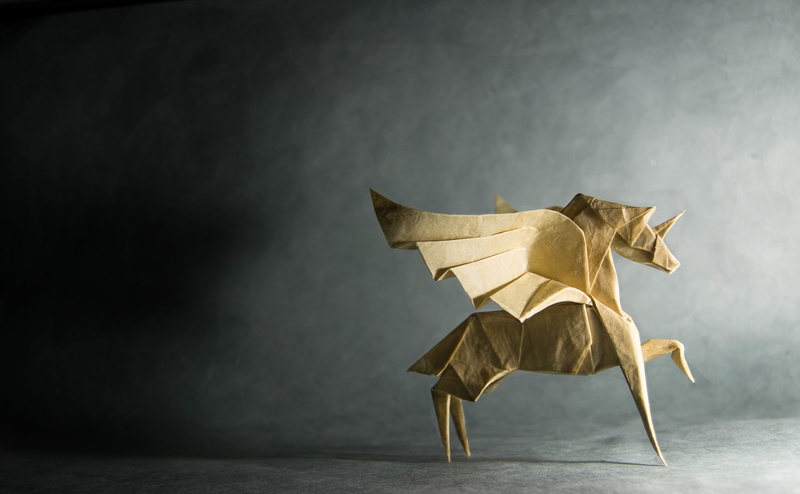 indoors, gold colored, gray background, horse, 4K, close-up, sitting, still life, origami, single object, studio shot, nature, pegasus, art and craft