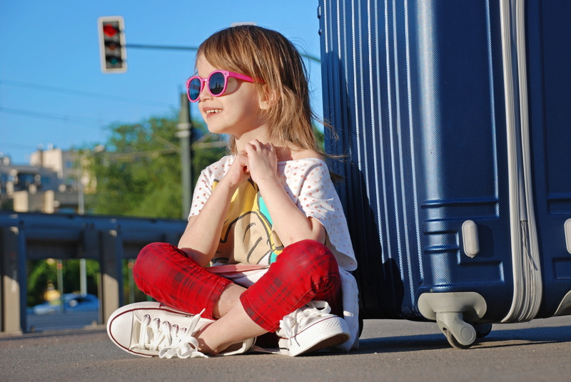 relaxation, child, fashion, journey, girls, sitting, hair, blond, outdoors, photographing children, luggage, day, women, sunny day, sunglasses, style, hands
