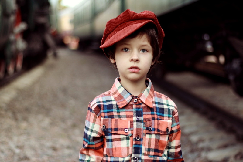 casual clothing, focus on foreground, checked pattern, maxim, beautiful, front view, innocence, train, boys, portrait, men, contemplation, boy, bobblehead