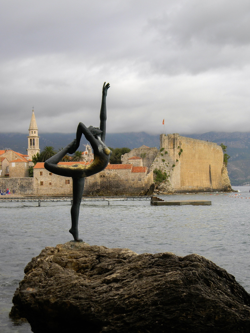 coast, girl, nature, architecture, clouds, outdoors, partly cloudy, bay, montenegro, mermaid, no one, water, marina, sky, solid, built structure, rock - object
