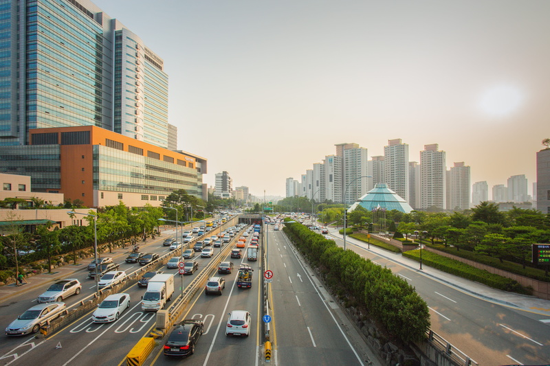 nature, land vehicle, city street, south korea, summer, cityscape, diminishing perspective, skyscraper, building, handsomely, 5K, architecture, outdoors