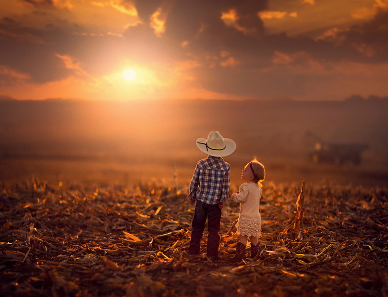 sun, 1080P, children, girl, plaid, boy, sports, pole.osen, shirt, dress, laced, beside, horizon, photo, Sunset, field, childrens, white, standing