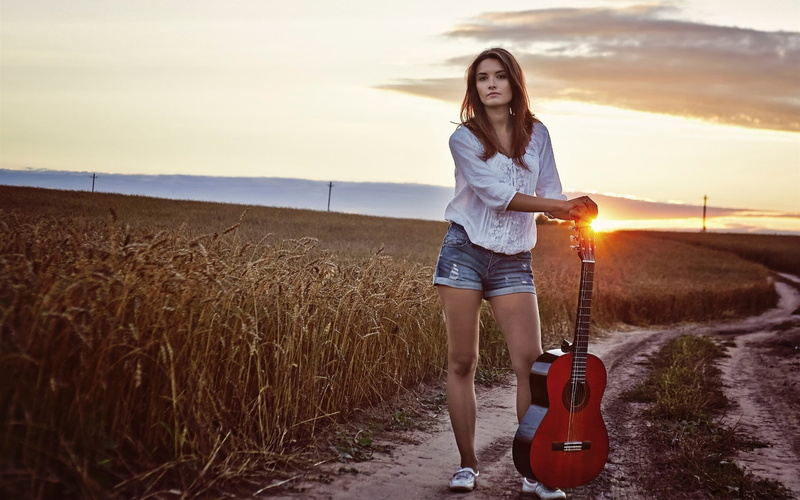 daisy, s, blouse, dukes, blue, outfit, sleeve, women, Guitar, Sunset, Fields, white, Girl, Hair, 1080P, Long