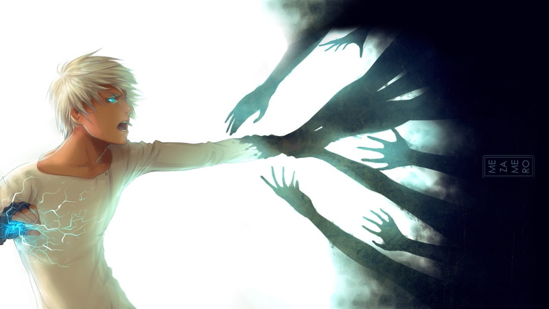 anime boys, blue eyes, 1080P, men, World Embryo, white hair, lights, creature, artwork