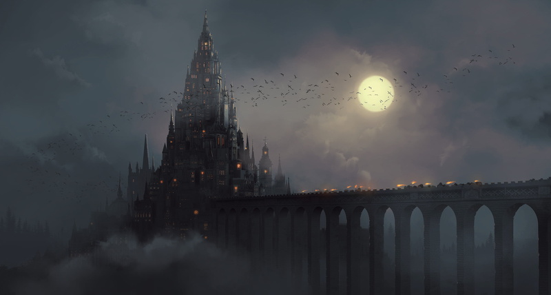 flying, clouds, Moon, ArtStation, castle, 2K, bridge, artwork, bats, Jeff Miller, night, digital art, mist, birds, smoke