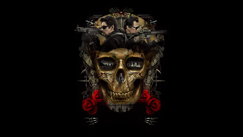 4K, Benicio Del Toro, brown, Drama, guns, Action, skull, rose, Sicario: Day of the Soldado, Josh Brolin, 8K, artwork, 8K, 2018, Crime, red, black