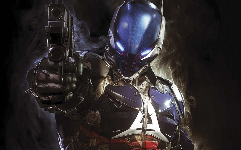 night, unrecognizable person, 1080P, leather, armor, black, lighting equipment, holding, mask, waist up, batman arkham knight, knight, helmet, obscured face