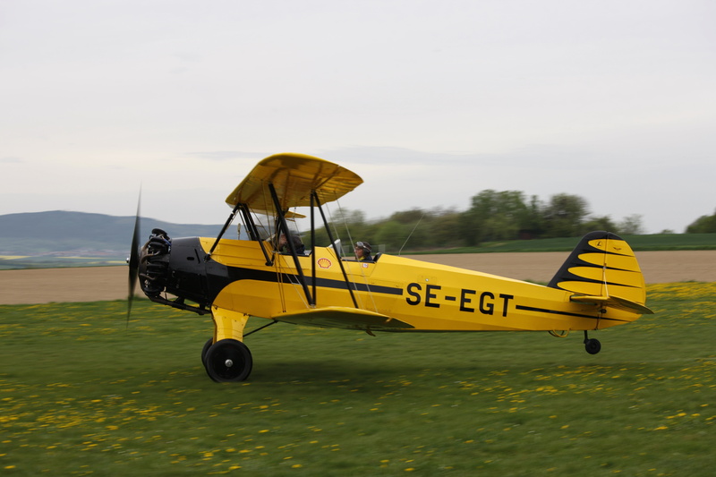 yellow, leaving, black, on the move, flying, classic, transportation, air, vintage, grass, se, egt, side view, 5K, day, swedish, plane, trees, airport