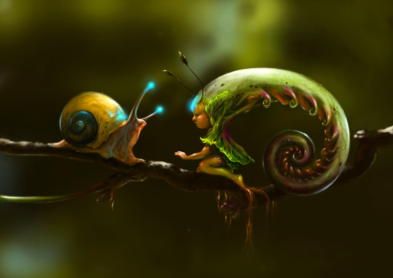 close-up, girl, branch, art, plant stem, day, fantasy, nature, animal themes, evidence, animal, focus on foreground, water, no people, group of animals