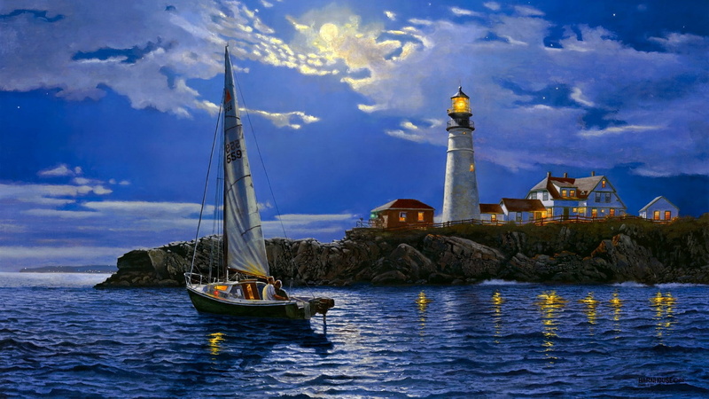 sailing, sky, painting, cloud, calm, moonlight, ocean, sailboat, portland head light, full moon, water, coast, 1080P, tower, painting art, boat, evening