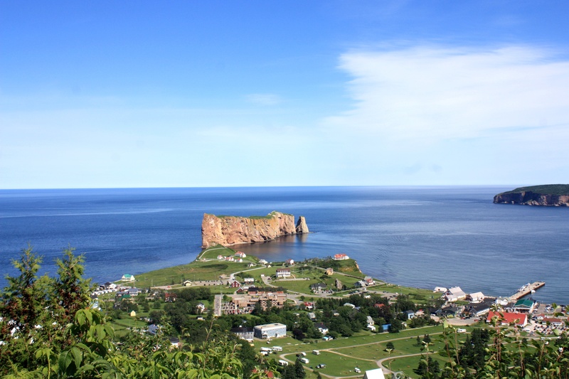 tree, beauty in nature, blue, horizon over water, outdoors, building exterior, water, rocher percé, sea, bay, rocher, canada, 4K, built structure, sky