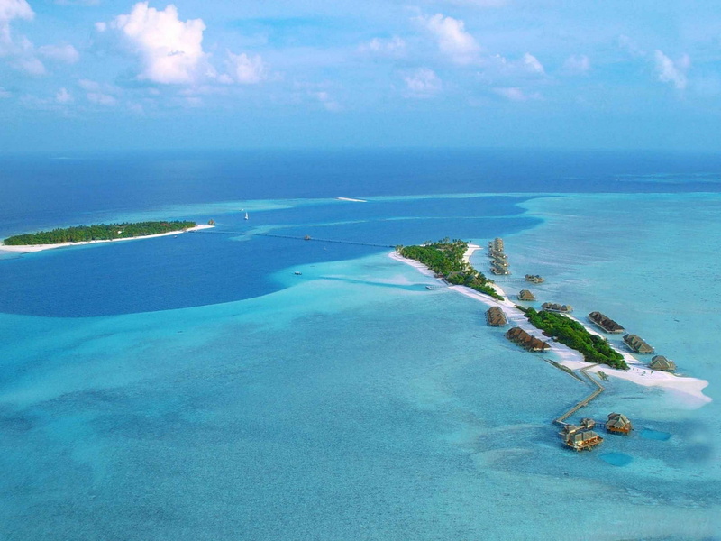 horizon over water, sky, tranquil scene, no people, tranquility, aerial view, blue, water, beach, luxury, transportation, tropical climate, land, turquoise colored