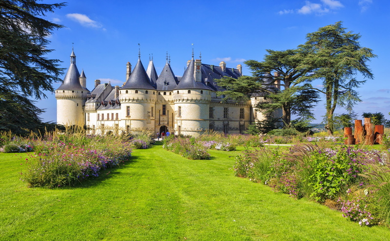 France, lawn, castle, flowers, Chaumont-sur-Loire castle, 2K