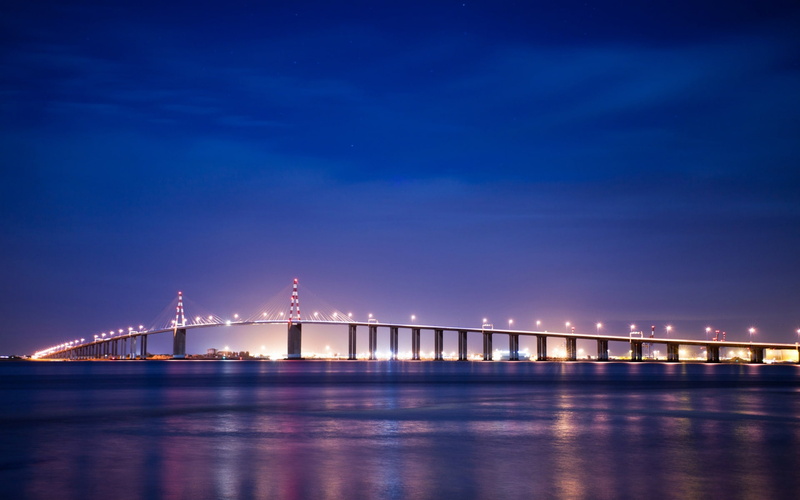 River, France, Brittany, Night, 1080P, Lights, Bridge