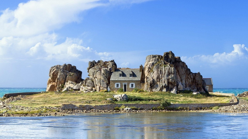 beach, 1080P, plougrescant, nature and landscapes, house, commune, france, oceans, stone