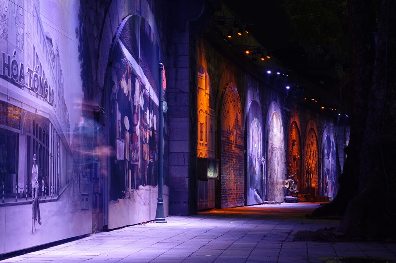 building exterior, city, purple, empty, no people, wall - building feature, street, multi colored, hanoi, 5K, illuminated, footpath, built structure, direction