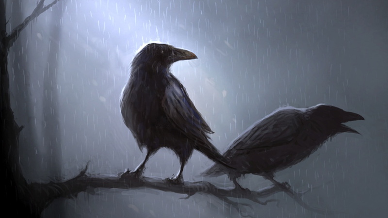 moonlight, storm, Moon, artistic, art, rain, Poe, crows, birds, mood, 1080P, forest, animals, ravens, Trees