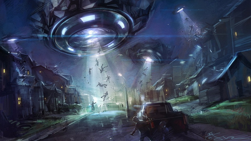 spaceship, artwork, metal, illuminated, smoke - physical structure, light - natural phenomenon, city, lighting equipment, building, motor vehicle, built structure