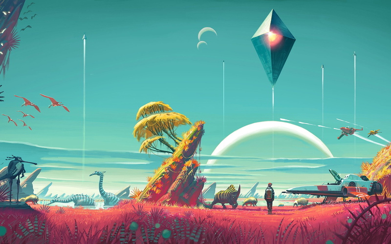 concept art, video games, vertebrate, art and craft, mid-air, outdoors, sky, digital composite, celebration, architecture, animal, no people, fantasy art