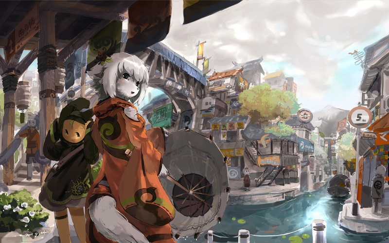 shading, umbrella, japan, anthropomorphism, fandom, furry, x, anthro, umbrellas, anime, soft, 720P, wallpape, art, cities, hd