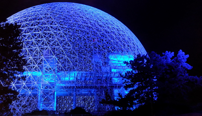 structure, bright, night, building exterior, outdoors, nightlife, biosphere, technology, tree, metallic, black background, plant, montreal, expo 67, sphere