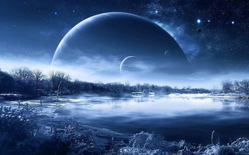 fantasy world, sky, tranquility, astronomy, Fantasy, planets, blue, snow, outdoors, space, tree, moon, beauty in nature, 1080P, no people, full moon, tranquil scene
