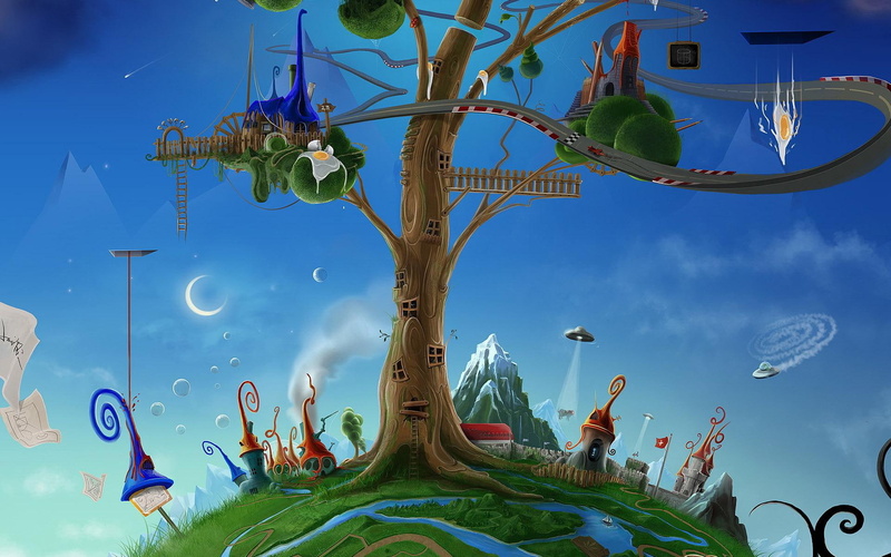 land, house, 1080P, illustration, green, tree, fantasy, tall, beige, 1920x1200