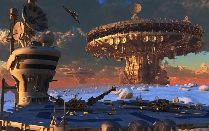 cloud, sci fi fantasy art, sky, spaceship, Fantasy, 1920x1200, landing platform, sci fi paintings, snow, 1080P