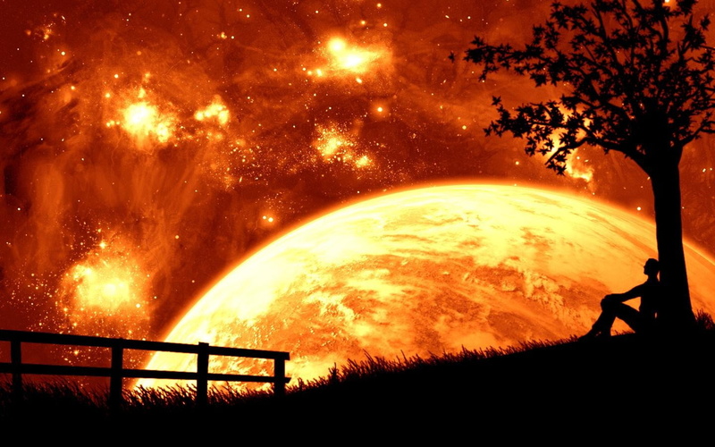 land, men, space art, glowing, sparks, orange color, plant, nature, silhouette, people, beauty in nature, 720P, burning, sunset, Moon, lifestyles, trees