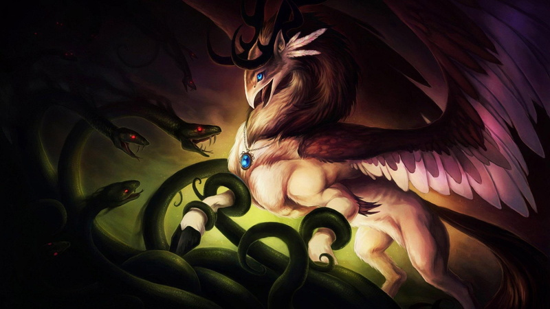 captured, griffin, art, 1920x1080, snake, creature, brown, 1080P, fantasy, snakes, white