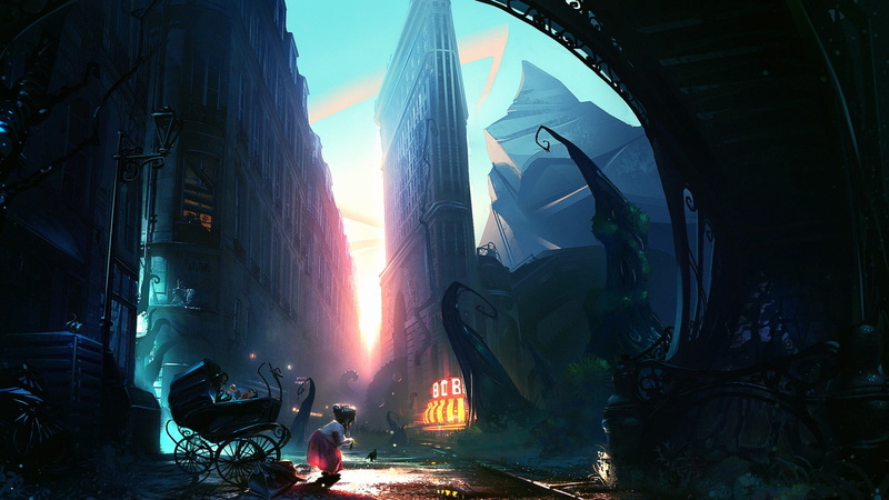 building exterior, building, real people, mode of transportation, illuminated, 1080P, people, land vehicle, architecture, sunbeam, buildings, nature, fantasy art
