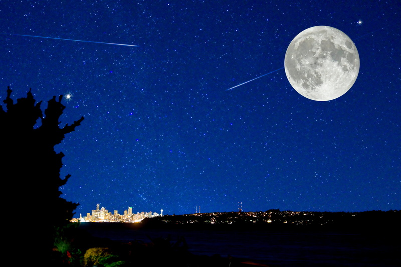silhouette, shooting stars, planetary moon, dark, no people, buildings, galaxy, architecture, adventure, moonlight, skyline, space, metropolis, sky, magical
