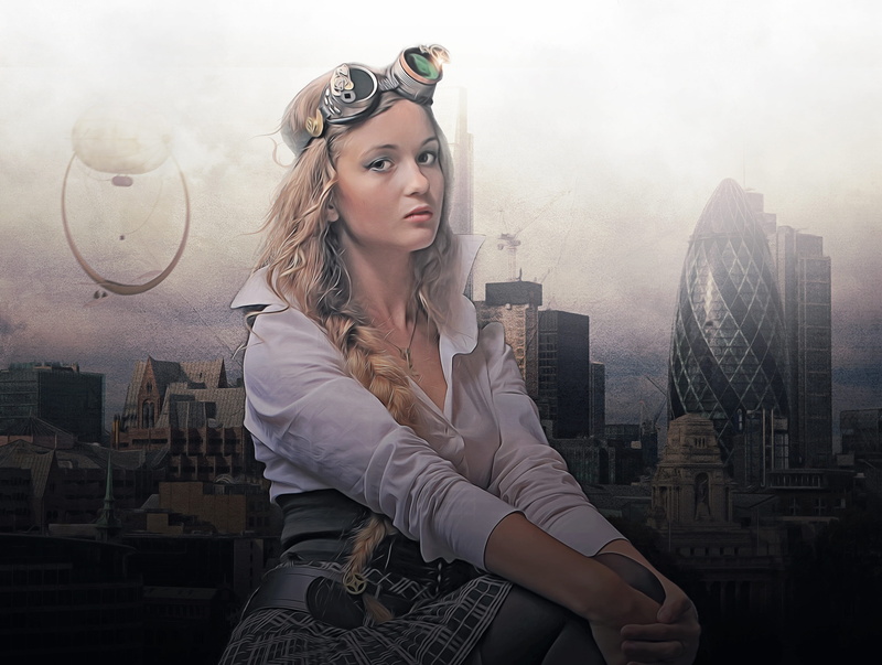 waist up, portrait, photoshop, looking at camera, contemplation, sci-fi, glasses, design, blond hair, beautiful woman, book cover, built structure, architecture