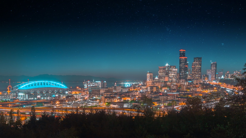 nighttime, downtown, residential district, bridge, sky, nature, cityscape, scenic, office building exterior, travel destinations, city, sunset, city lights