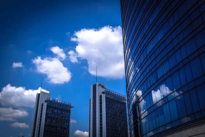 city, glass windows, spire, towers, tall - high, cloud - sky, architecture, futuristic, day, blue, nature, tall, buildings, glass items, glass - material