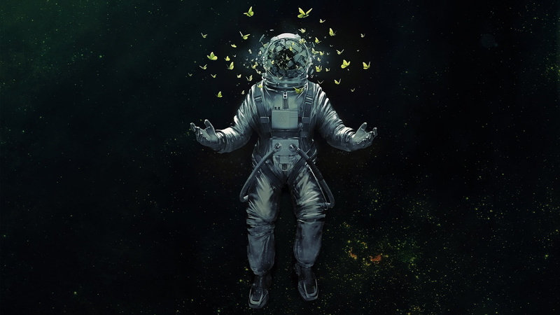 artwork, obscured face, artist, butterfly, standing, 1080P, military, outdoors, digital art, adult, full length, portrait, one person, astronaut, aggression