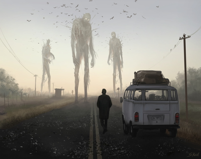 1080P, standing, lifestyles, transportation, people, rear view, land, Stefan Koidl, nature, road, artwork, city, giant, field, outdoors, motor vehicle