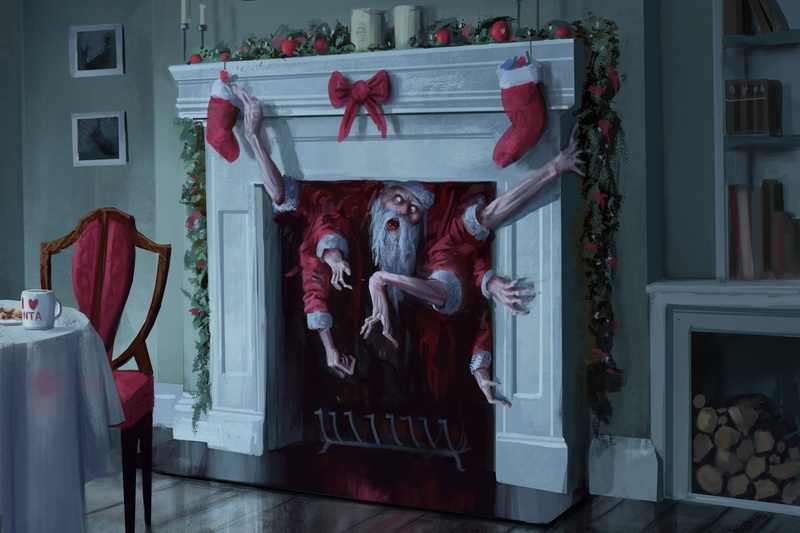 Horror, Characters, Santa Claus, Hands, Fear, Illustration, Fantasy, Santa, Christmas, by Stefan Koidl, Creepy, Stefan Koidl, Santa is coming, Fireplace