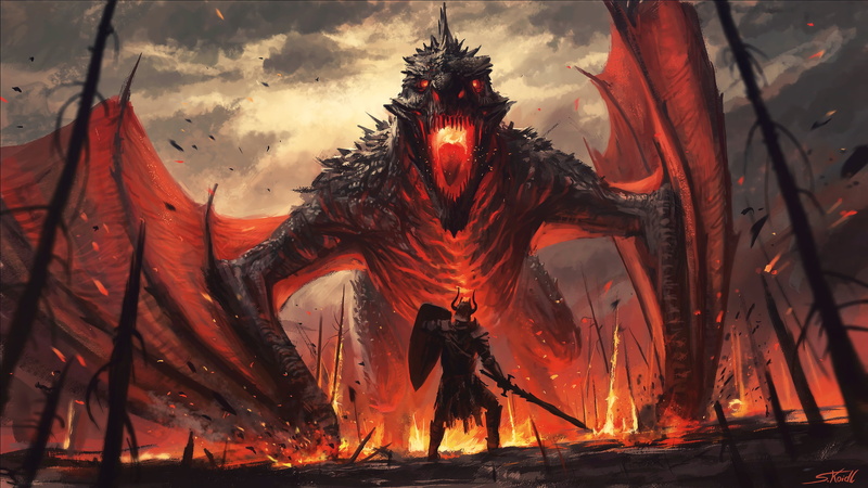 concept art, giant, Stefan Koidl, fan art, fantasy art, artwork, creature, fire, dragon, digital art, 4K, warrior